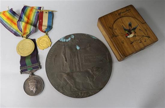 A WWI death plaque to John Stephen Teague, a GSM with Palestine bar to Private J. Kelly, Kings Own,